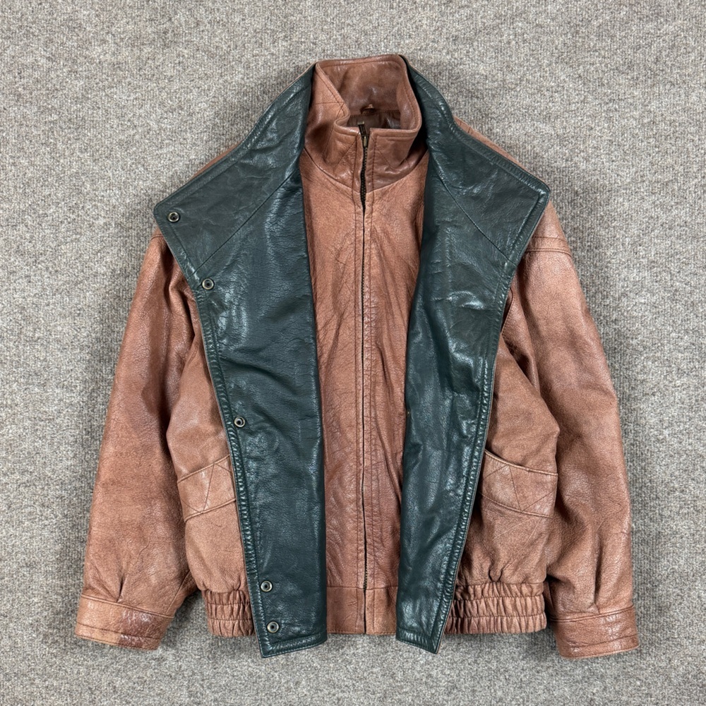 VTG Wilsons Adventure Bound Light Brown Leather Bomber Jacket Mens M Funnel Neck - Picture 6 of 12